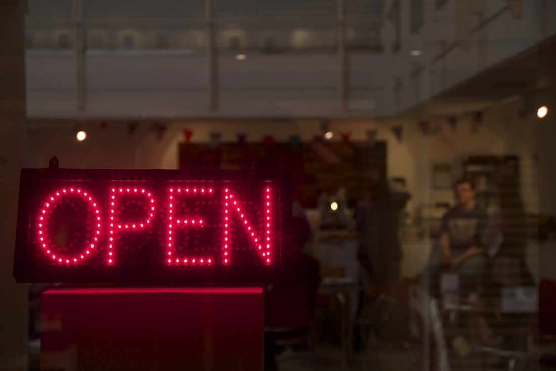 OPEN sign outside the Peter Scott Gallery