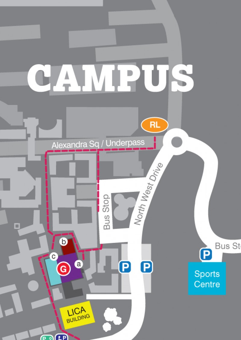 Map of Lancaster University campus showing Live at LICA, Sports Centre and the Ruskin Library. Includes parking locations.