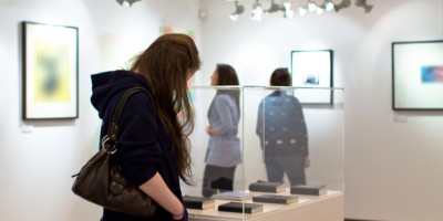 A photo showing an art exhibition within the Peter Scott Gallery, Lancaster.