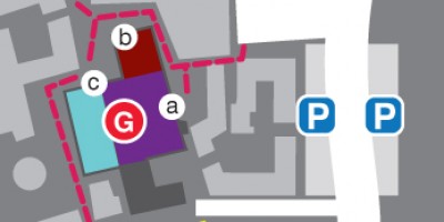 Map of Lancaster University campus showing Live at LICA, Sports Centre and the Ruskin Library. Includes parking locations.