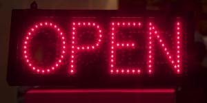 OPEN Sign - outside PSG looking in OPEN sign outside the Peter Scott Gallery