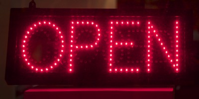 OPEN sign outside the Peter Scott Gallery